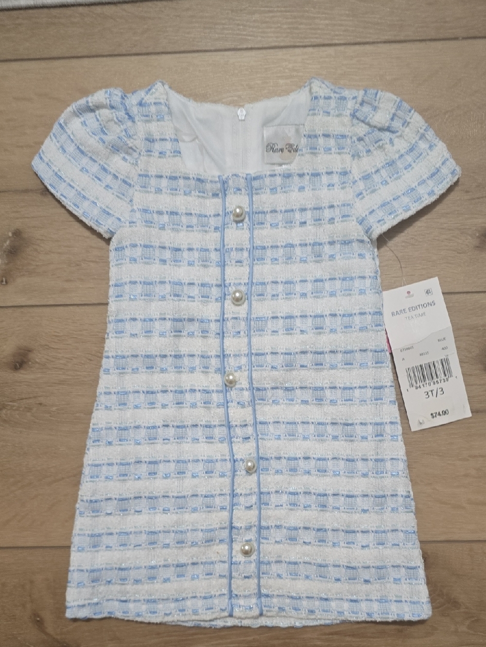 Rare Editions Girls Tweed Dress Size 3T Blue & White Pearl Button Dress